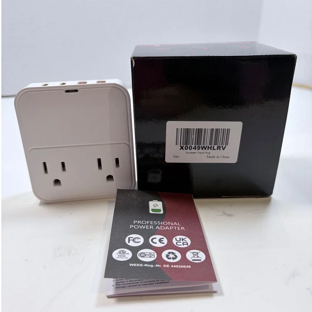 VPSUN European Travel Plug Adapter White USB-C PD 20W 2 AC Outlets 3 USB-A Ports
